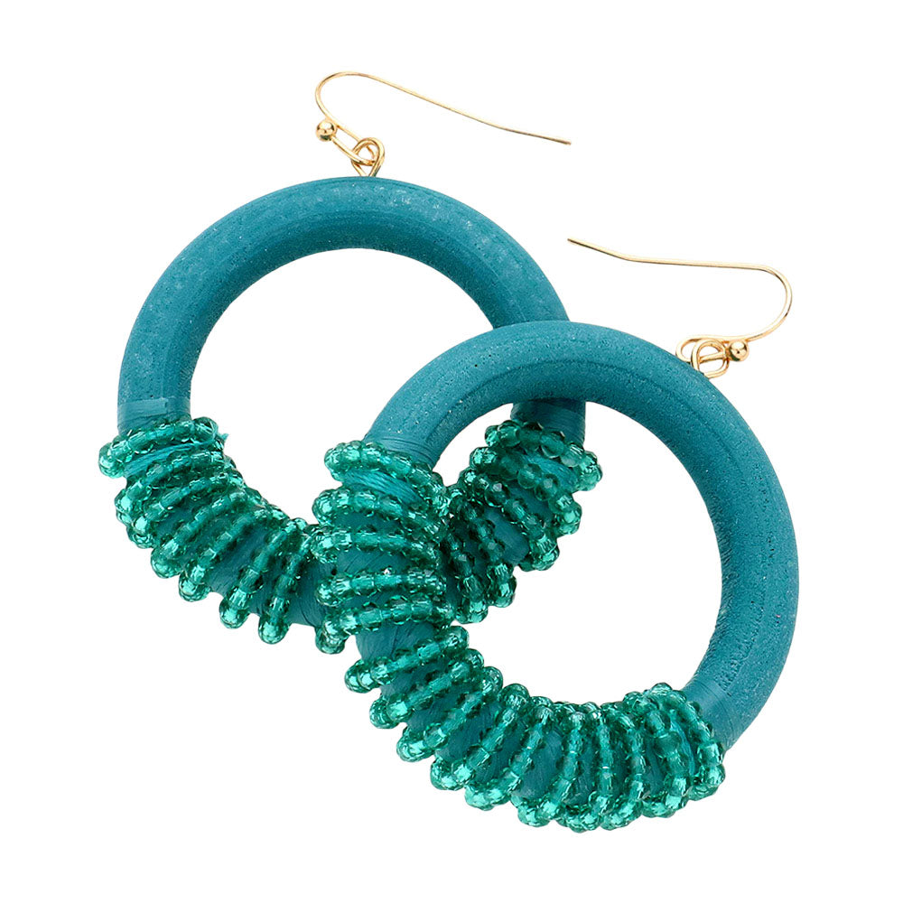 Madeline Love Teal Faceted Bead Wrapped Open Wood Circle Dangle Earrings - extra