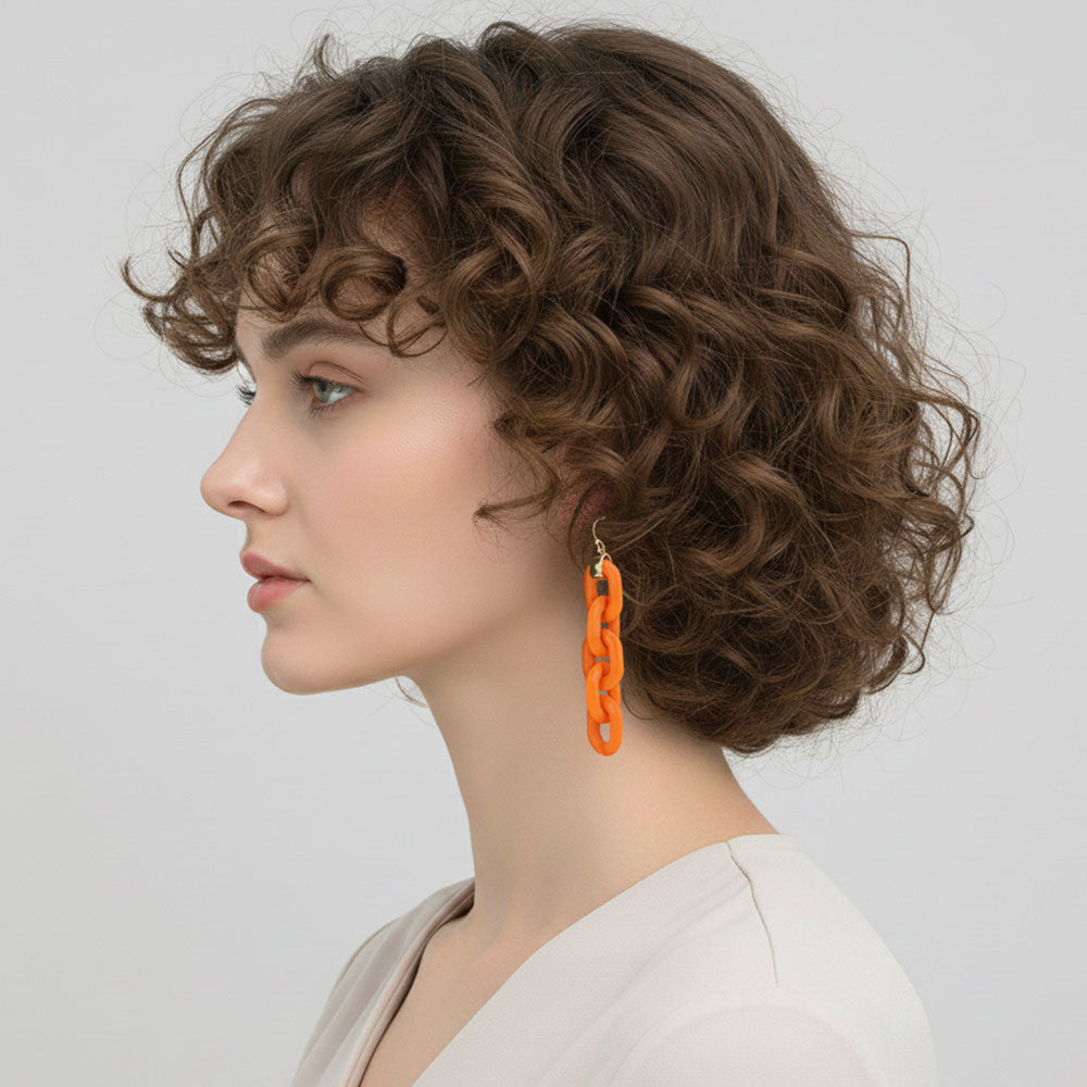 Madeline Love Gold, Orange Bold Resin Chain Link Drop Earrings - extra