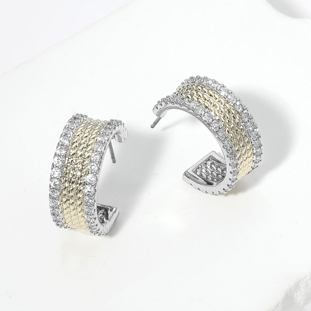 Madeline Love Two Tone 14K Gold Plated Two Tone CZ Stone Rim Textured Hoop Earrings