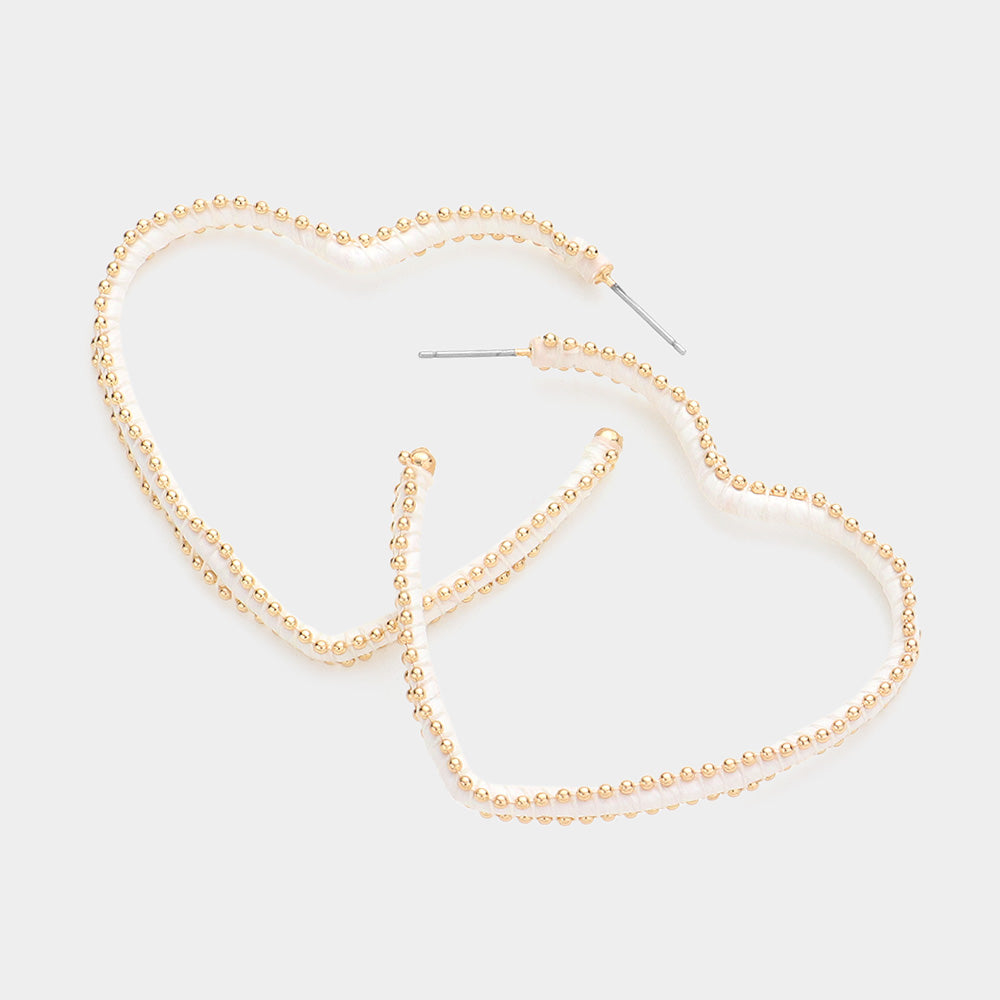 Madeline Love Gold, White Metal Ball Trimmed Heart Hoop Earrings