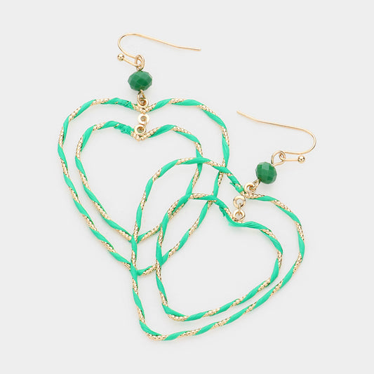 Madeline Love Gold, Green Raffia Wrapped Double Open Heart Link Dangle Earrings