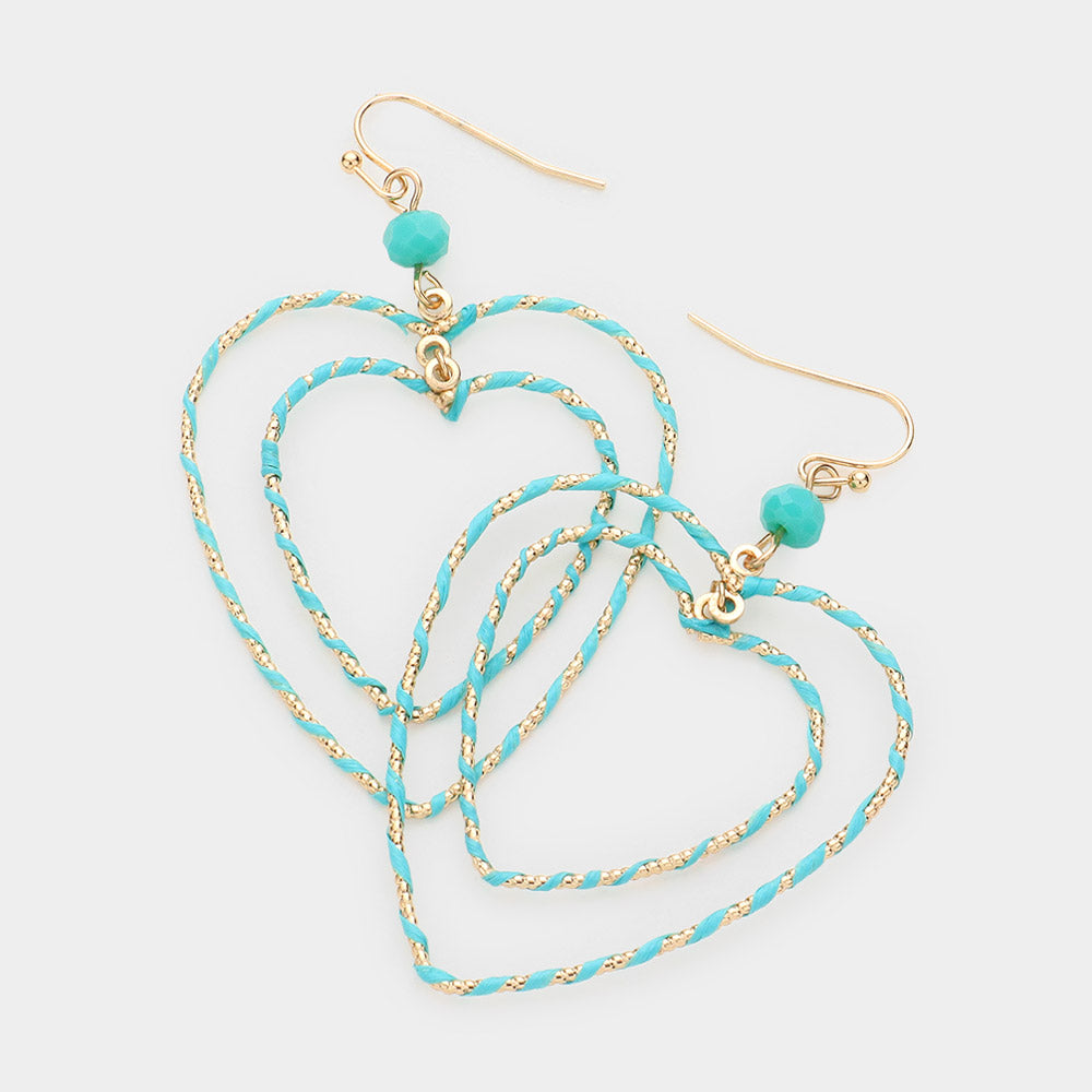 Madeline Love Gold, Turquoise Raffia Wrapped Double Open Heart Link Dangle Earrings