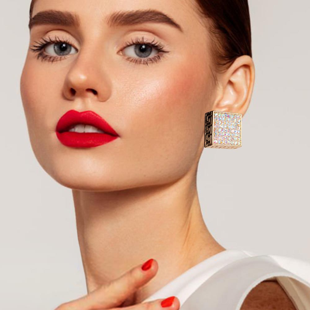 Madeline Love AB, Gold Greek Pattern Detailed Rhinestone Embellished Square Earrings