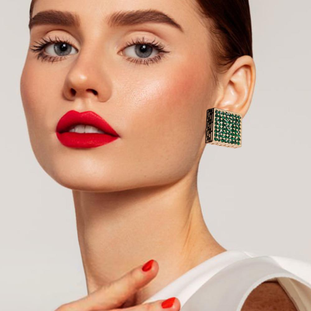 Madeline Love Emerald, Gold Greek Pattern Detailed Rhinestone Embellished Square Earrings