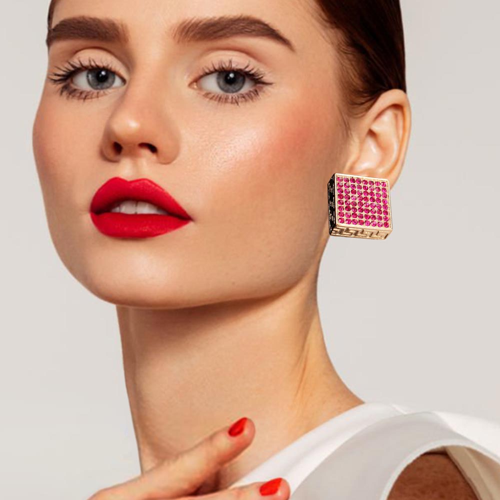 Madeline Love Fuchsia, Gold Greek Pattern Detailed Rhinestone Embellished Square Earrings