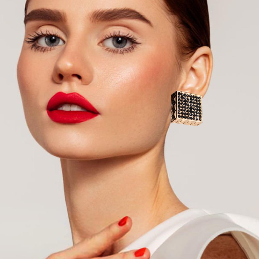 Madeline Love Gold, Jet Black Greek Pattern Detailed Rhinestone Embellished Square Earrings