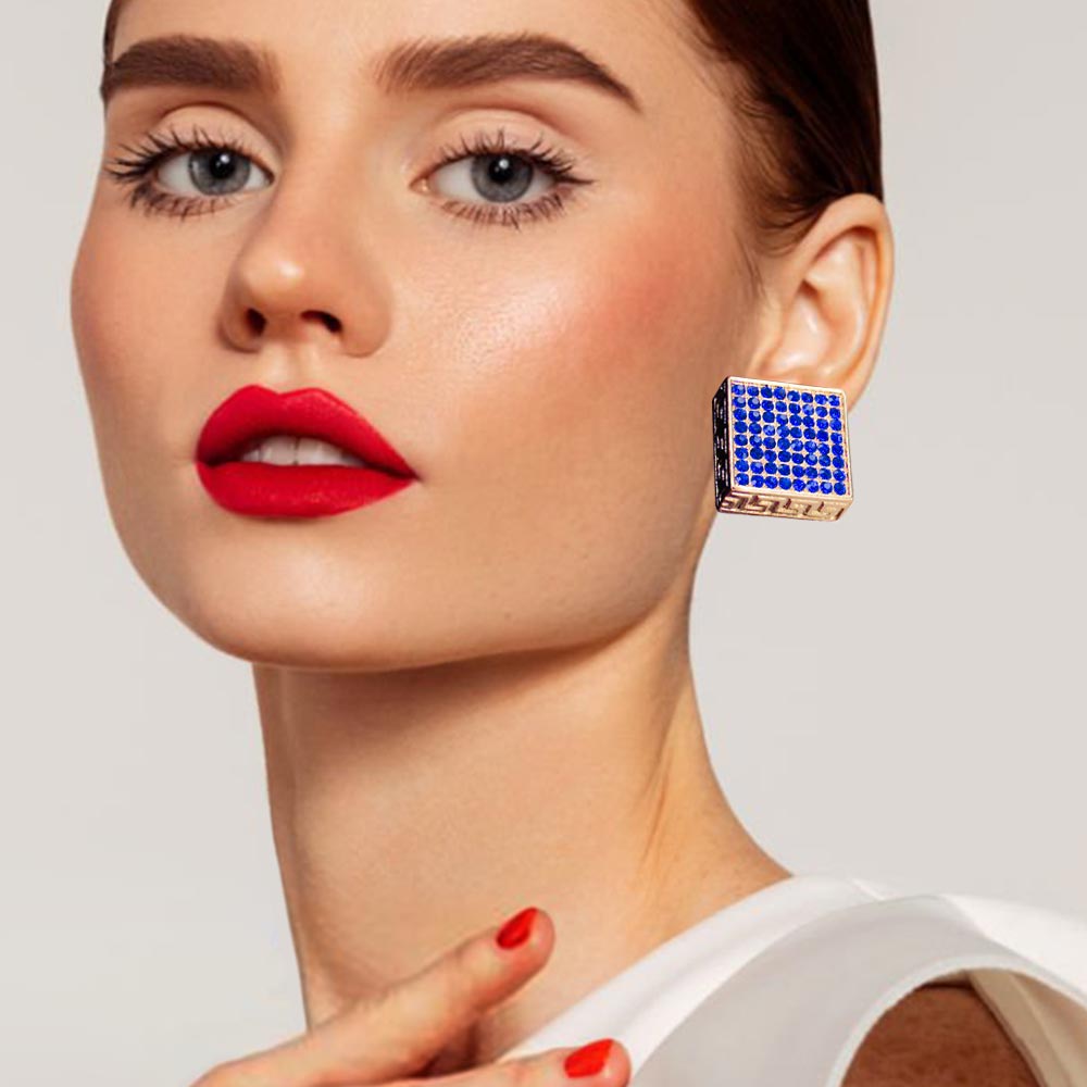 Madeline Love Gold, Sapphire Greek Pattern Detailed Rhinestone Embellished Square Earrings