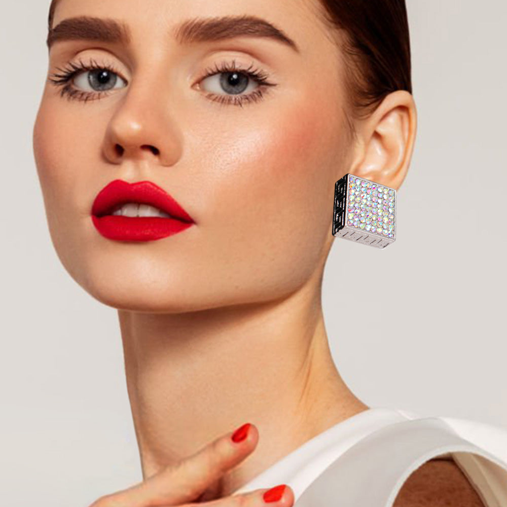 Madeline Love AB, Rhodium Greek Pattern Detailed Rhinestone Embellished Square Earrings