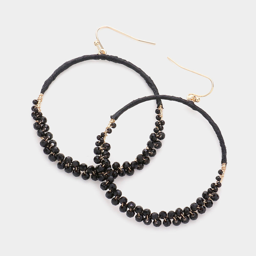 Madeline Love Black Raffia Faceted Bead Wrapped Open Metal Circle Dangle Earrings