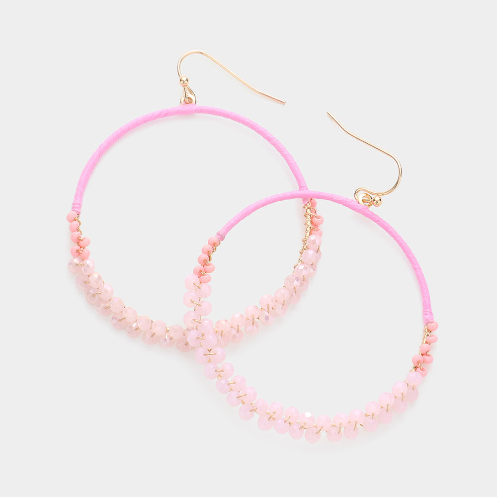 Madeline Love Pink Raffia Faceted Bead Wrapped Open Metal Circle Dangle Earrings