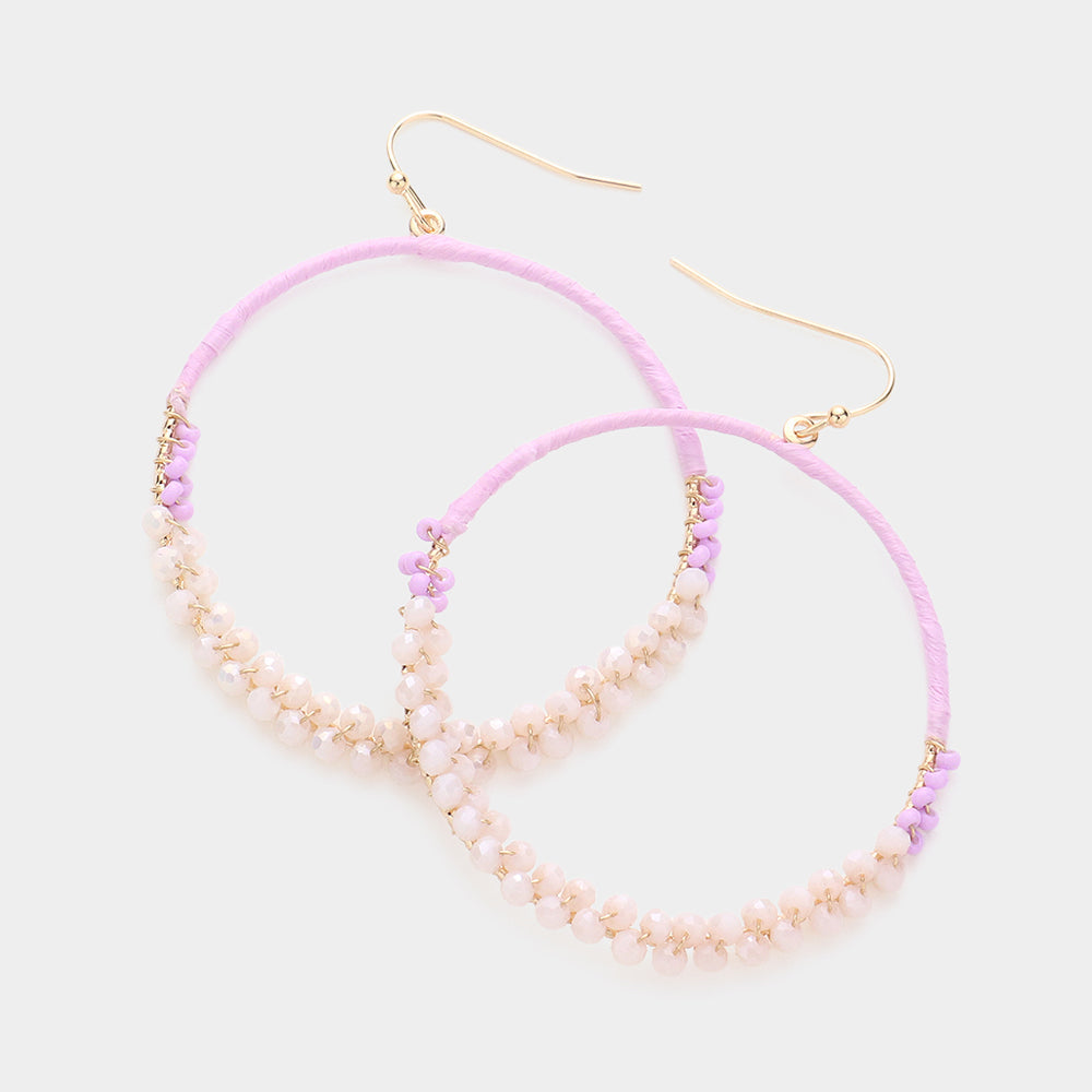 Madeline Love Lavender Raffia Faceted Bead Wrapped Open Metal Circle Dangle Earrings