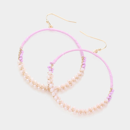 Madeline Love Lavender Raffia Faceted Bead Wrapped Open Metal Circle Dangle Earrings