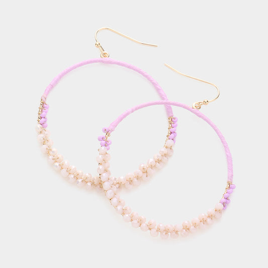 Madeline Love Lavender Raffia Faceted Bead Wrapped Open Metal Circle Dangle Earrings