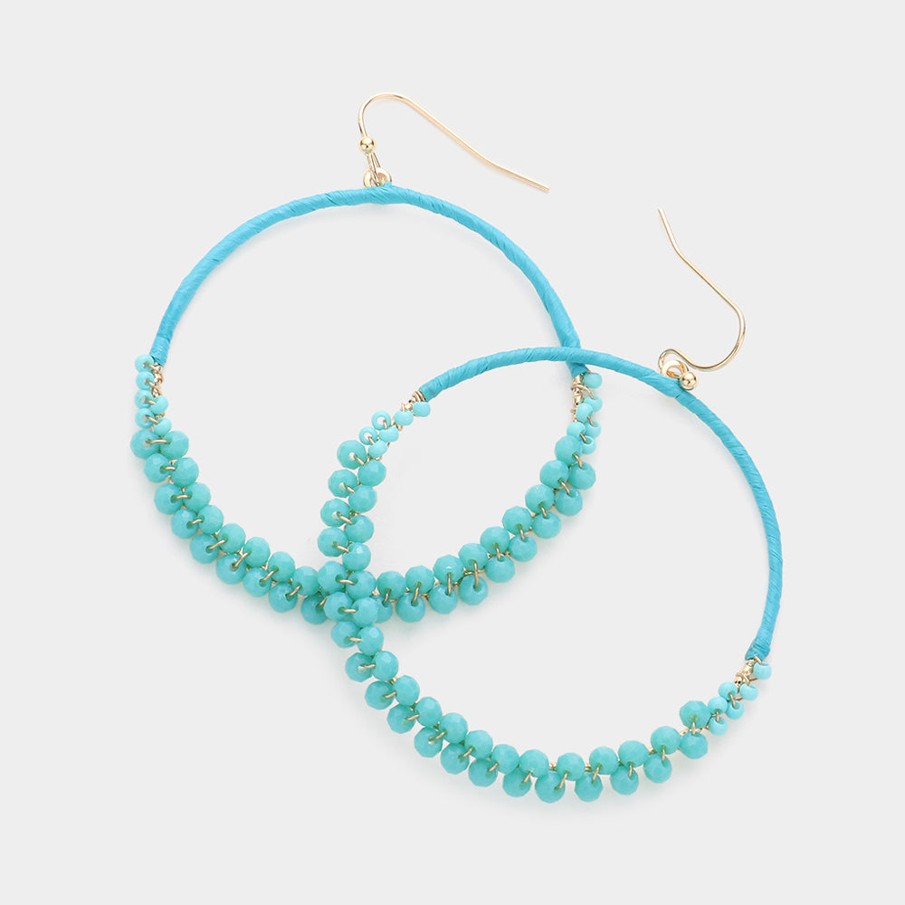 Madeline Love Turquoise Raffia Faceted Bead Wrapped Open Metal Circle Dangle Earrings