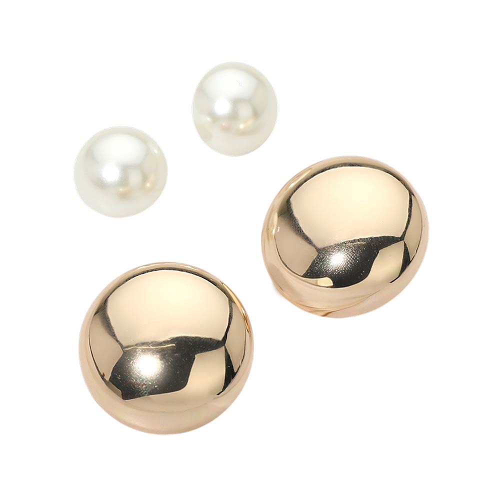 Madeline Love Gold 2Pairs - Polished Dome Pearl Dome Stud Earring Set - Earrings - desc