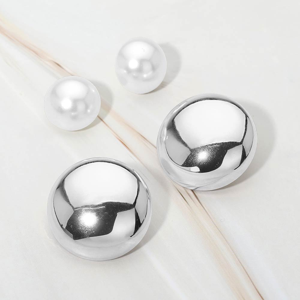 Madeline Love Rhodium 2Pairs - Polished Dome Pearl Dome Stud Earring Set - Earrings