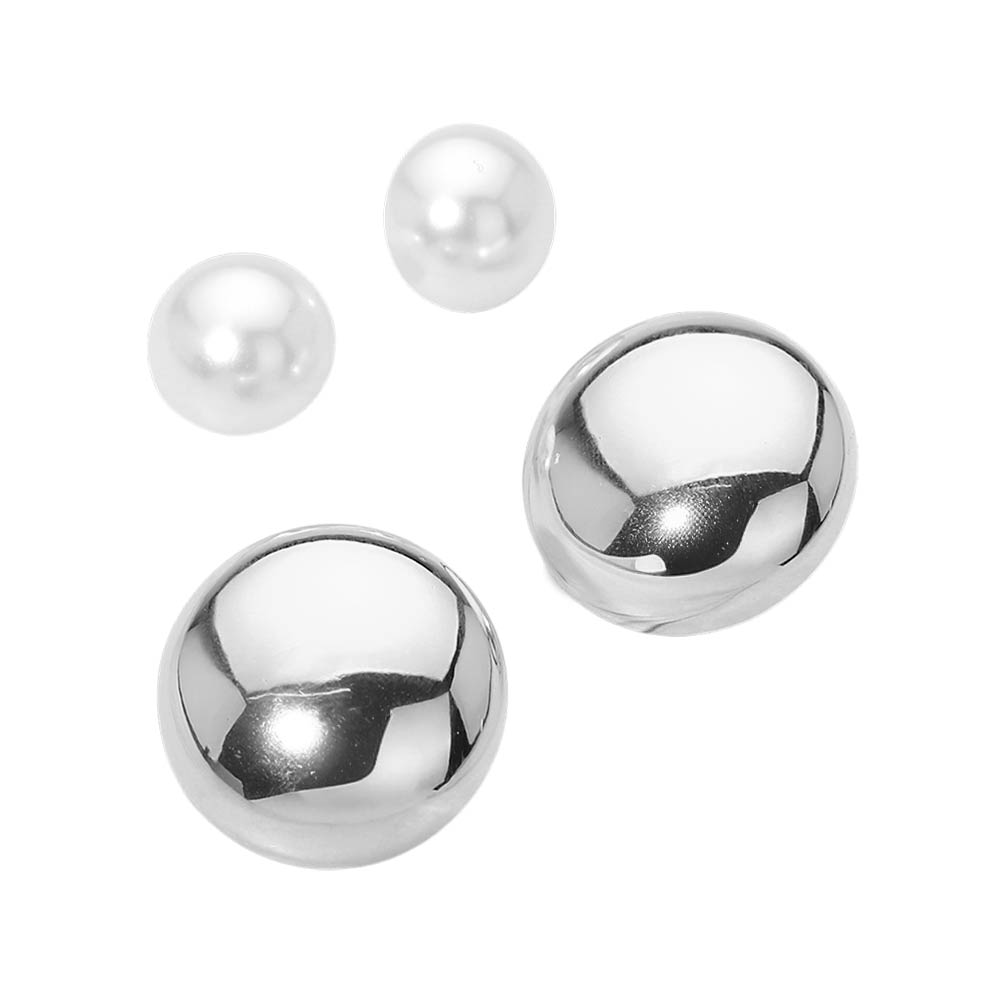 Madeline Love Rhodium 2Pairs - Polished Dome Pearl Dome Stud Earring Set - Earrings - desc