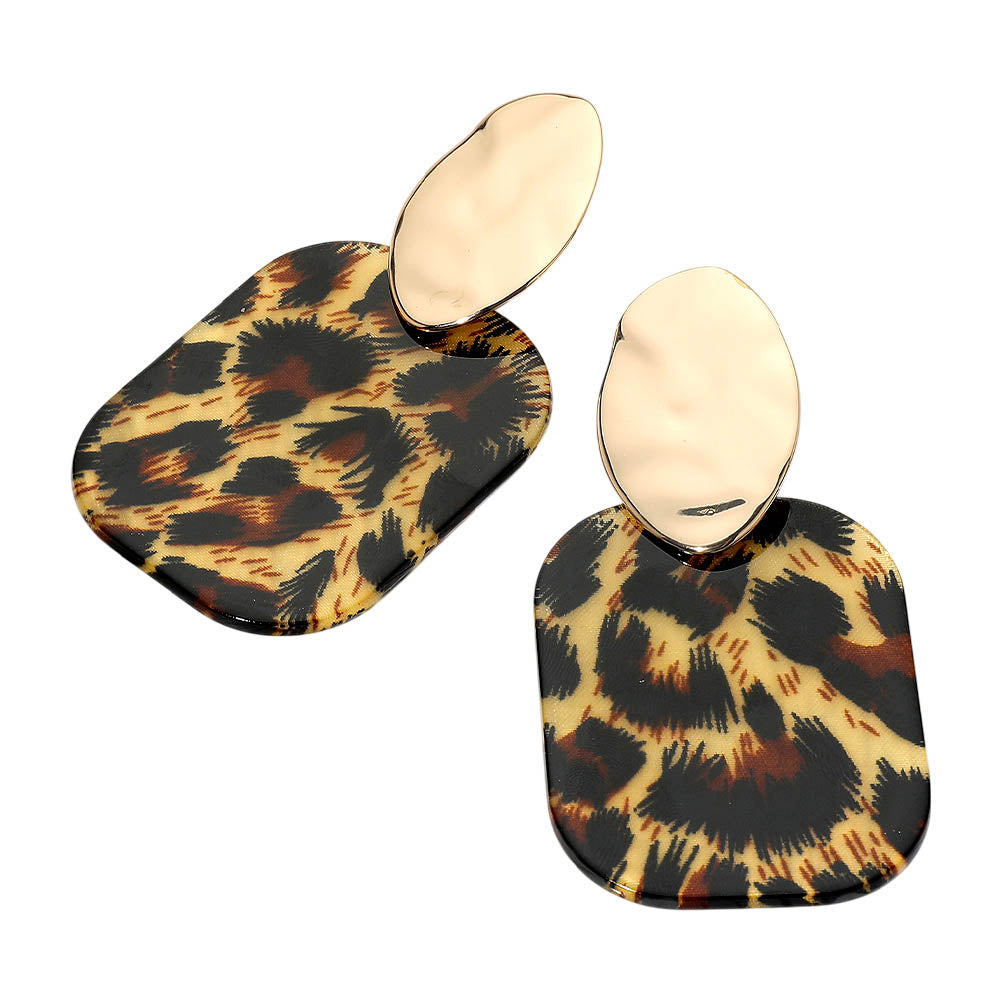 Madeline Love Leopard Bold Glitter Resin Geometric Plate Drop Statement Earrings - desc