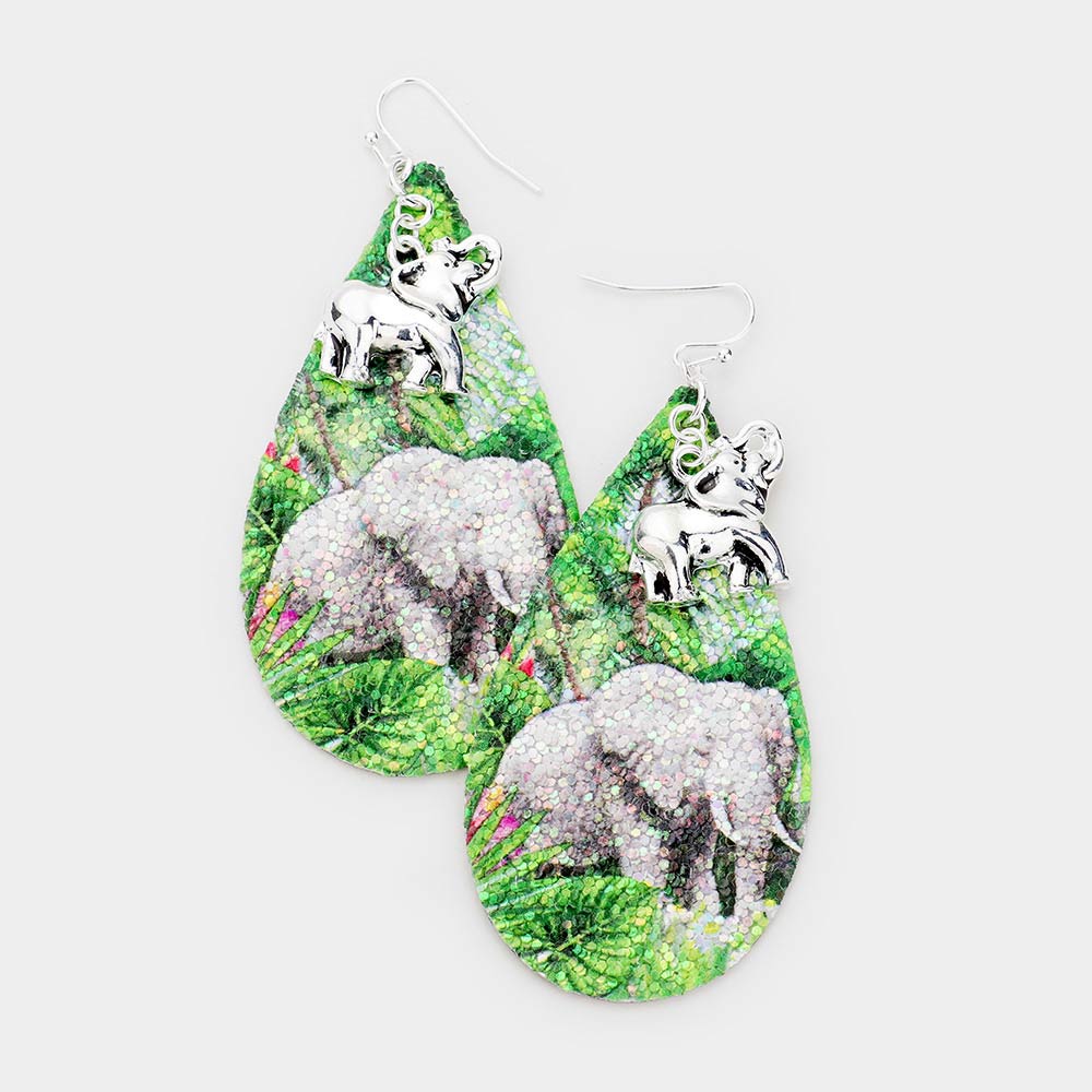 Madeline Love Antique Silver, Green, Multi Glitter Nature Elephant Dangle Earrings