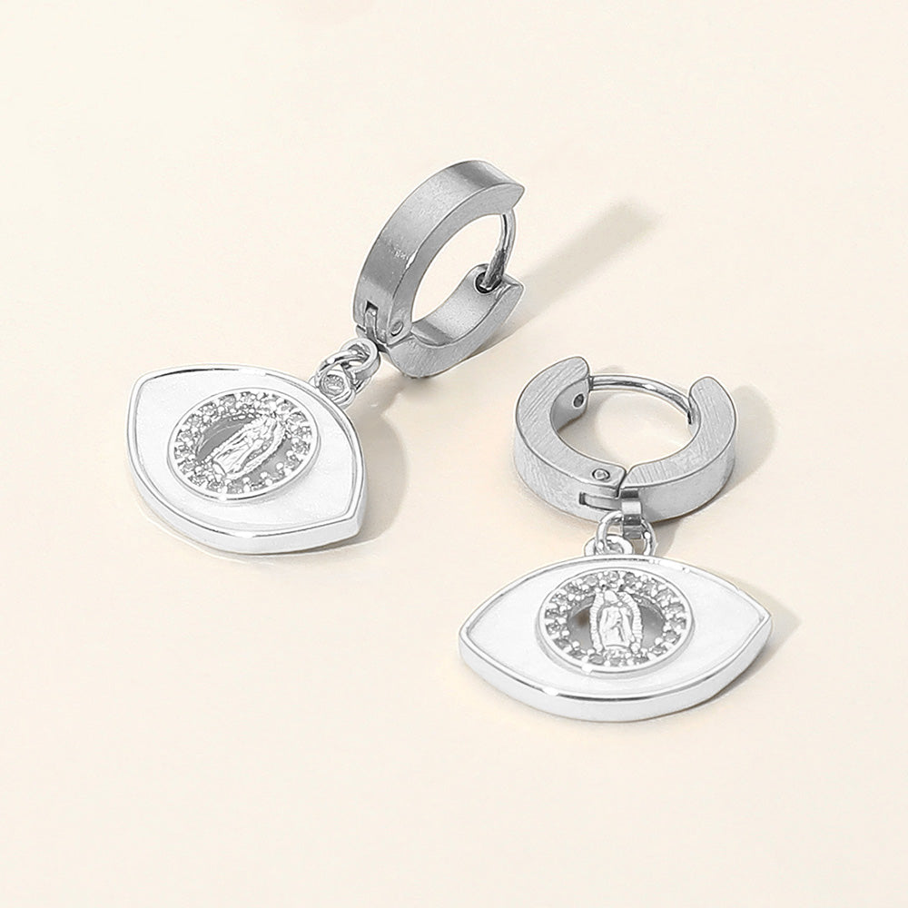 Madeline Love Mother of Pearl, Silver Stainless Steel Mother of Pearl CZ Stone Rim Virgin Mary Accent Evil Eye Charm Dangle Huggie Earrings