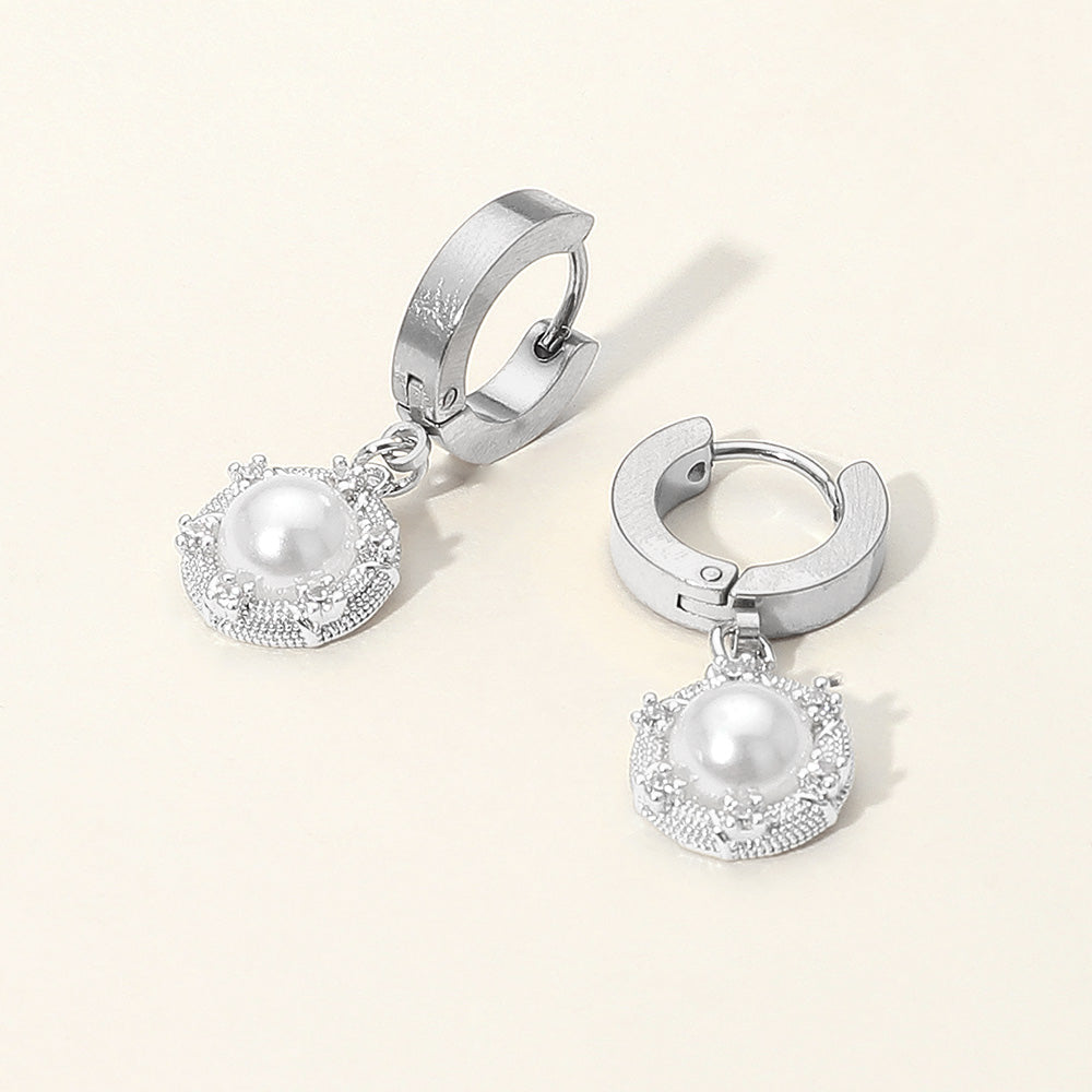 Madeline Love Silver Stainless Steel CZ Stone Rim Pearl Charm Dangle Huggie Earrings