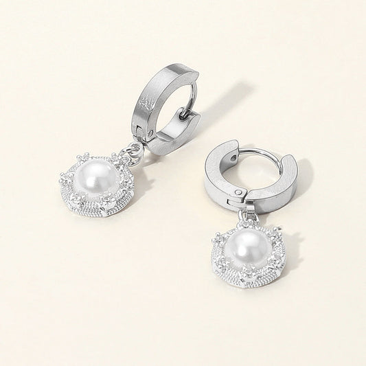 Madeline Love Silver Stainless Steel CZ Stone Rim Pearl Charm Dangle Huggie Earrings