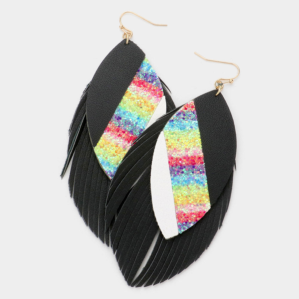 Madeline Love Multi Bling Glitter Accented Faux Leather Feather Earrings