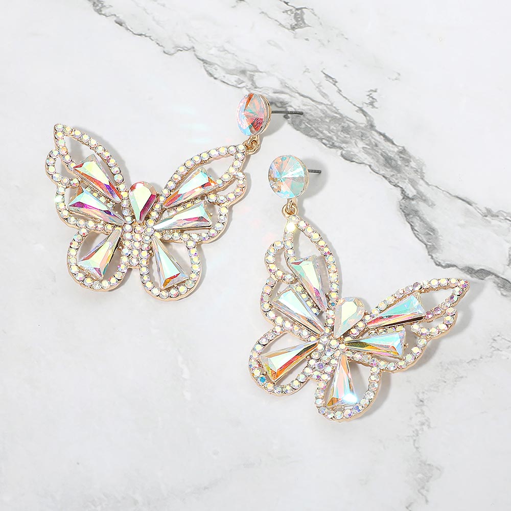 Madeline Love AB, Gold Crystal Butterfly Drop Dangle Statement Earrings