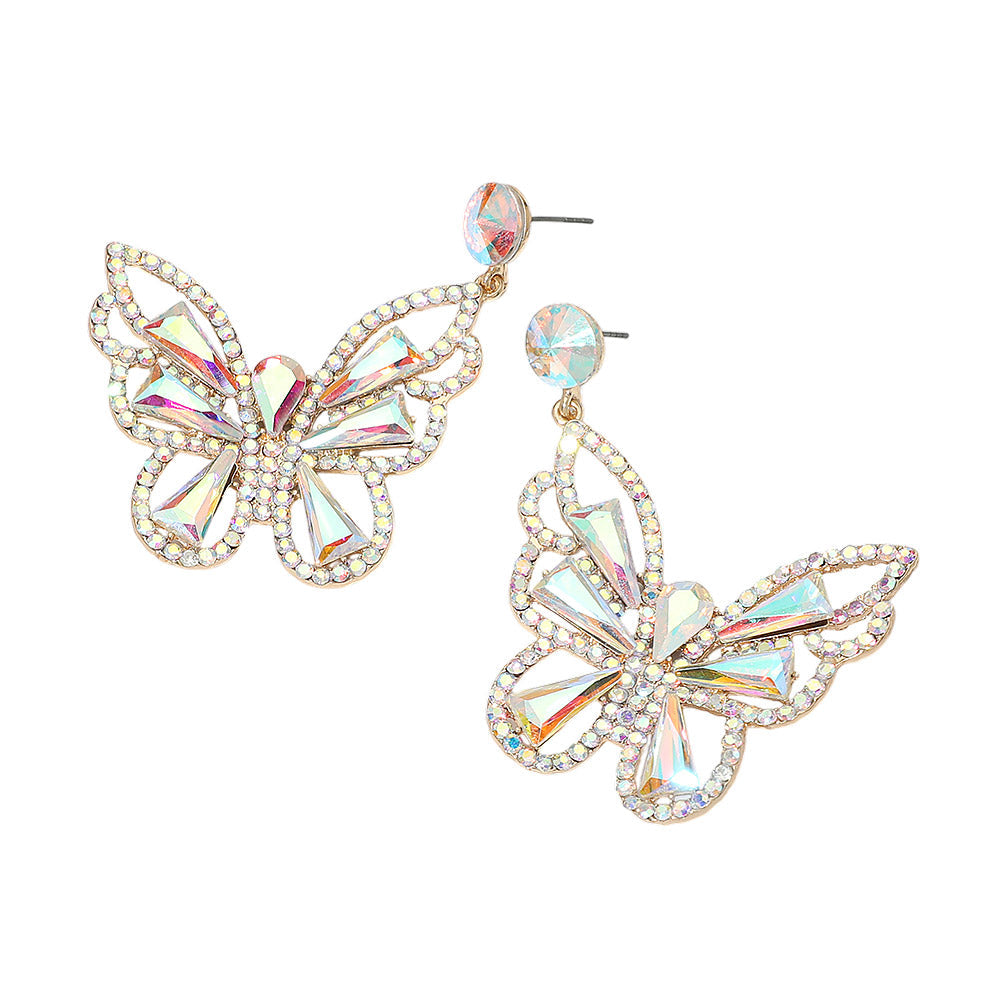 Madeline Love AB, Gold Crystal Butterfly Drop Dangle Statement Earrings - desc