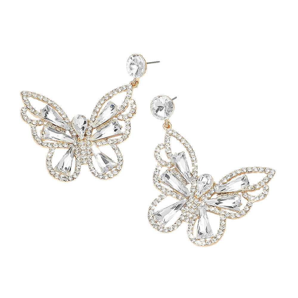 Madeline Love Clear, Gold Crystal Butterfly Drop Dangle Statement Earrings - desc