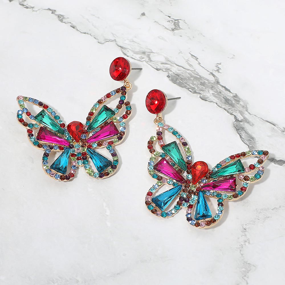 Madeline Love Gold, Multi Crystal Butterfly Drop Dangle Statement Earrings