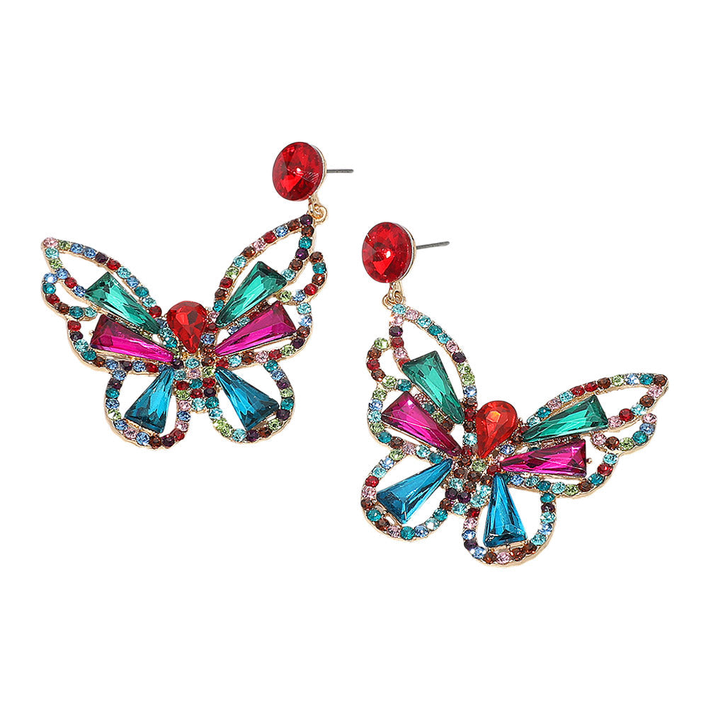 Madeline Love Gold, Multi Crystal Butterfly Drop Dangle Statement Earrings - desc