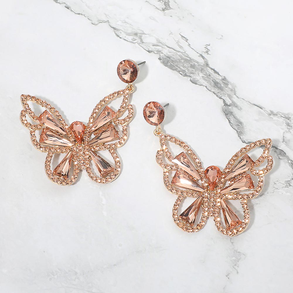 Madeline Love Gold, Peach Crystal Butterfly Drop Dangle Statement Earrings