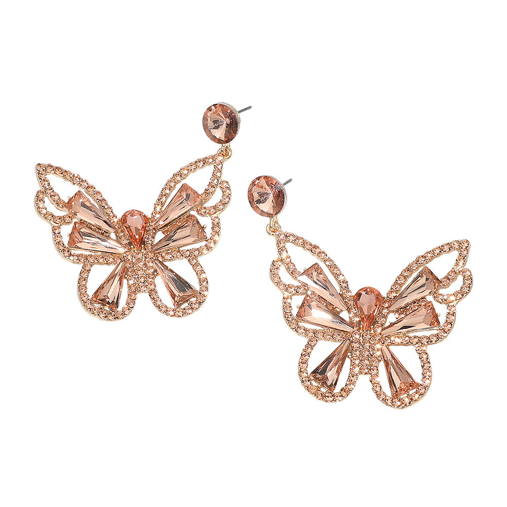 Madeline Love Gold, Peach Crystal Butterfly Drop Dangle Statement Earrings - desc