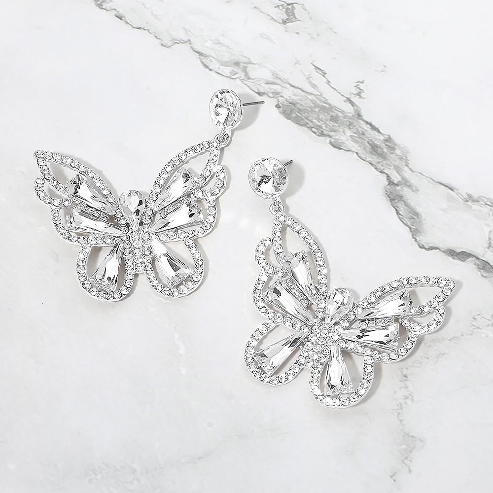 Madeline Love Clear, Silver Crystal Butterfly Drop Dangle Statement Earrings