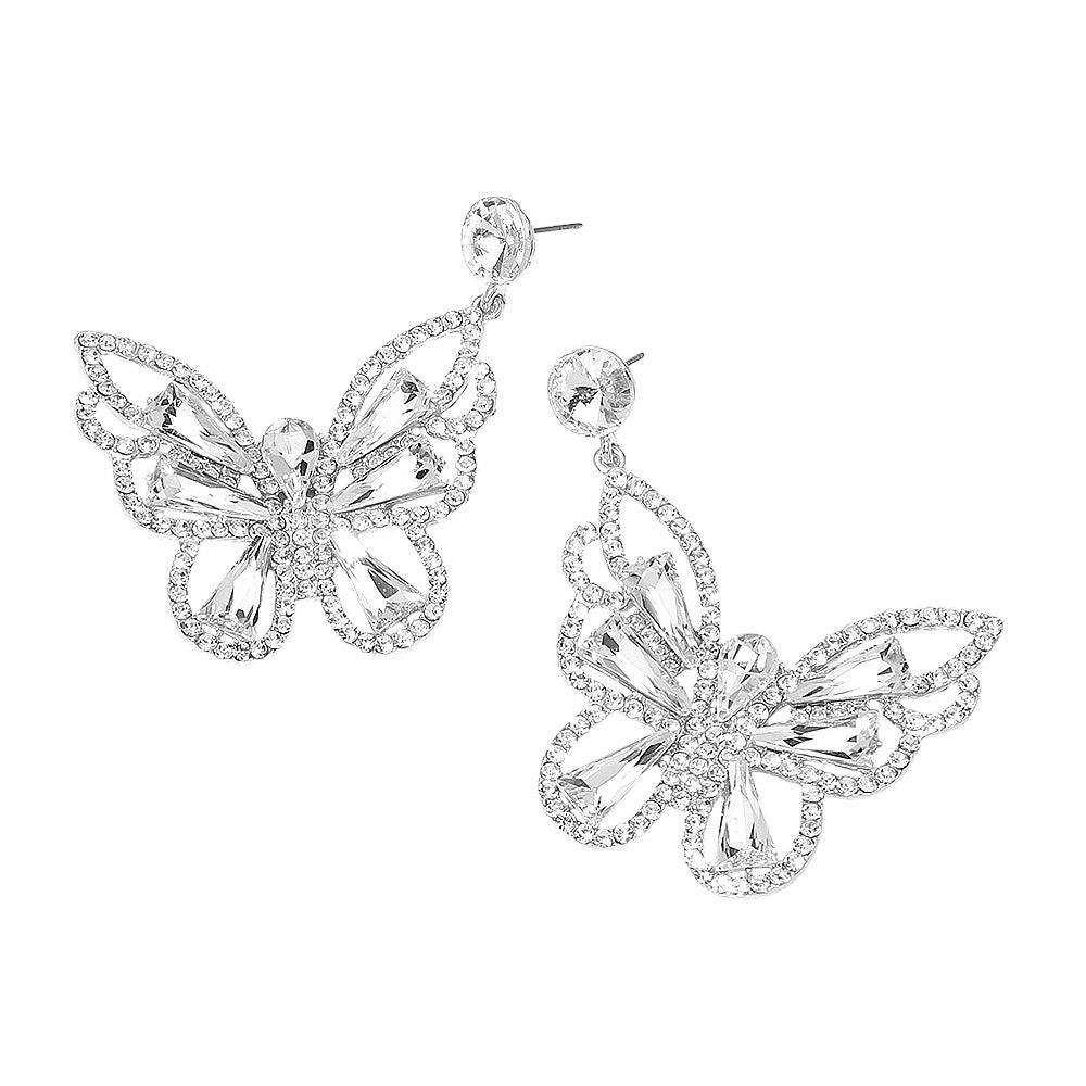 Madeline Love Clear, Silver Crystal Butterfly Drop Dangle Statement Earrings - desc