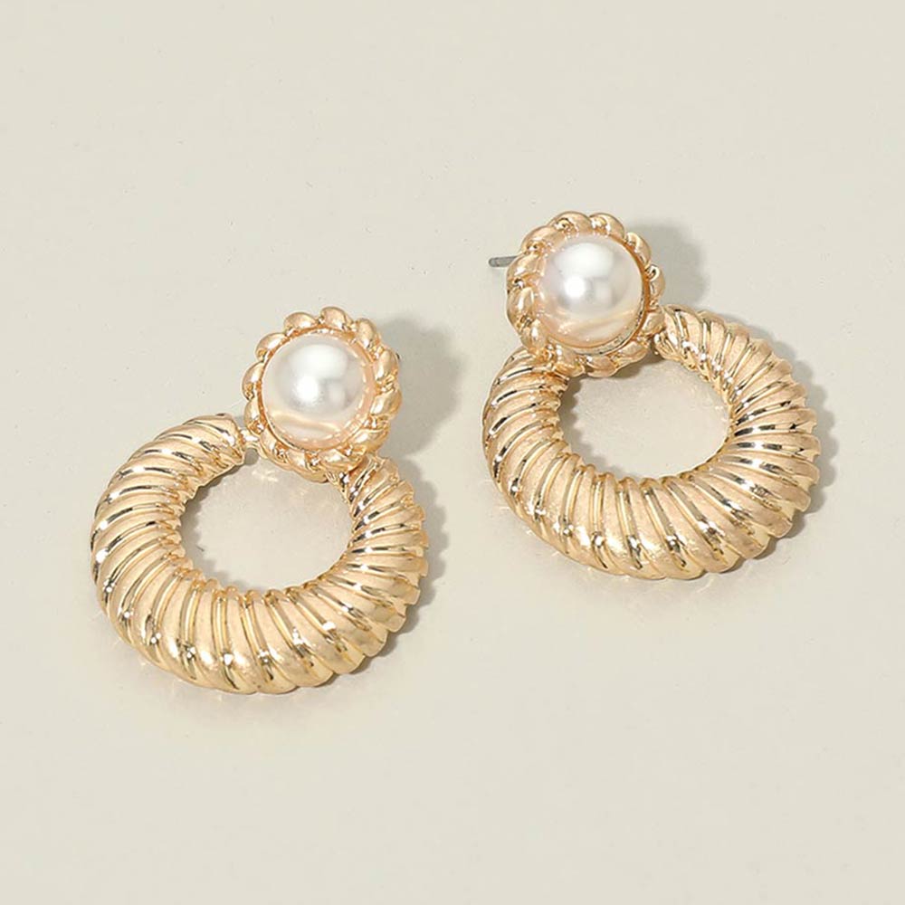 Madeline Love Cream, Worn Gold Pearl Accent Textured Ring Door Knocker Earrings