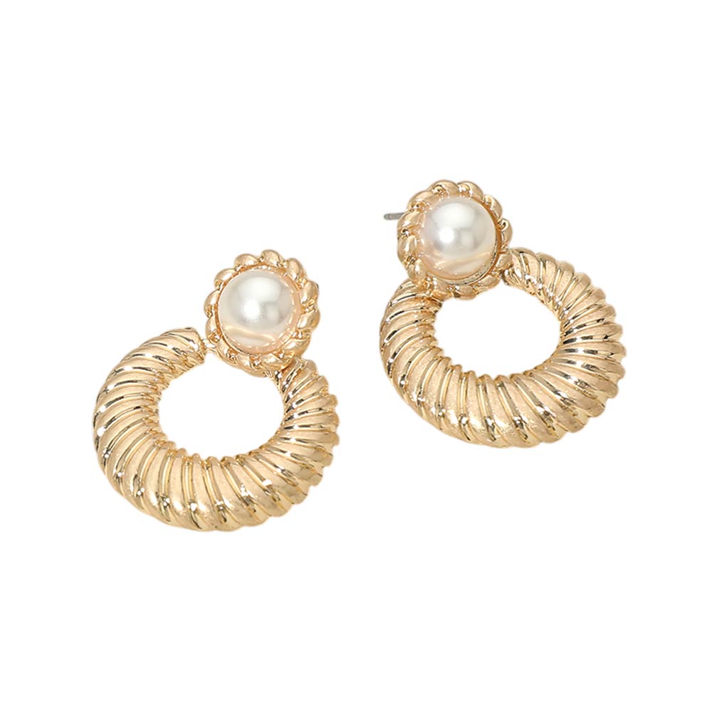 Madeline Love Cream, Worn Gold Pearl Accent Textured Ring Door Knocker Earrings - desc