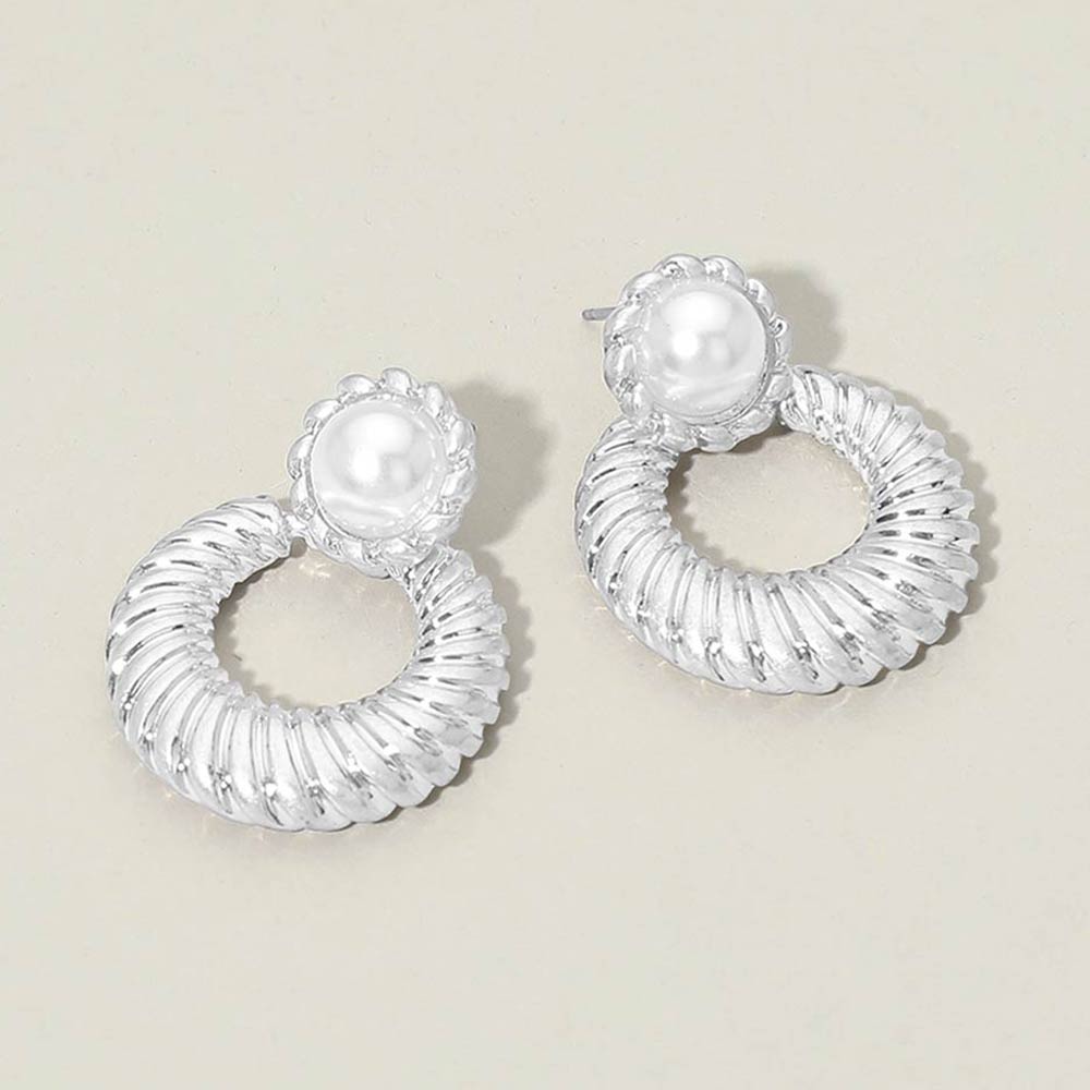 Madeline Love Cream, Worn Silver Pearl Accent Textured Ring Door Knocker Earrings