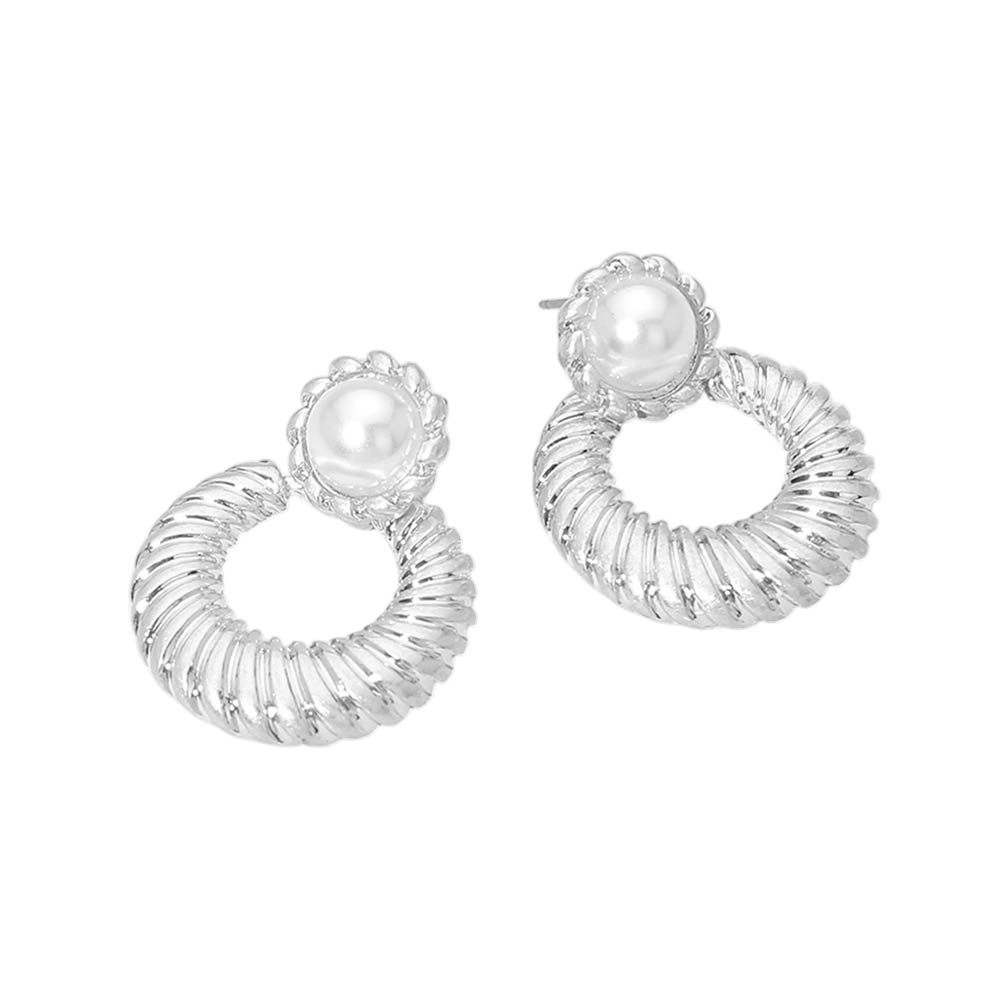 Madeline Love Cream, Worn Silver Pearl Accent Textured Ring Door Knocker Earrings - desc