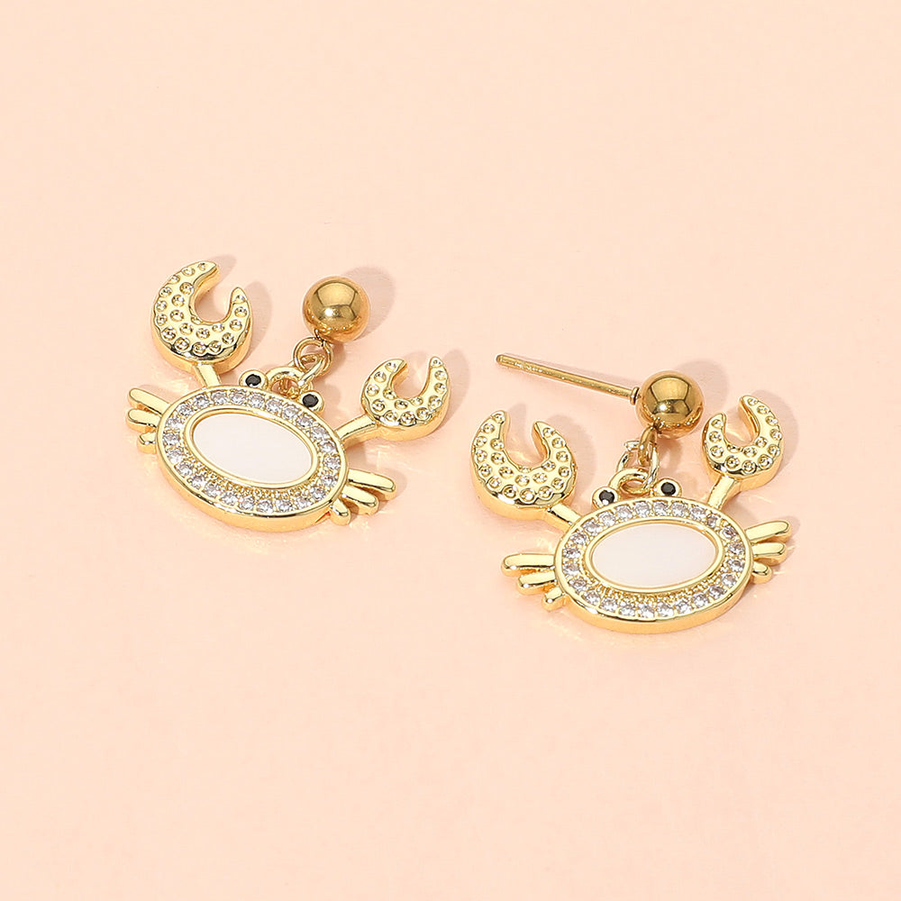 Madeline Love Gold, Mother of Pearl Stainless Steel Mother of Pearl CZ Stone Paved Crab Charm Dangle Earrings