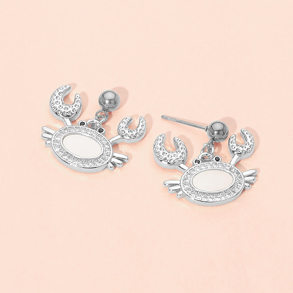 Madeline Love Mother of Pearl, Silver Stainless Steel Mother of Pearl CZ Stone Paved Crab Charm Dangle Earrings