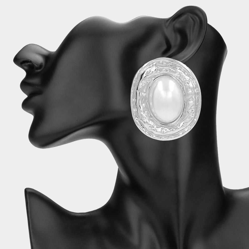 Madeline Love Rhodium, White Oversized Oval Pearl Accented Hammered Metal Plate Earrings