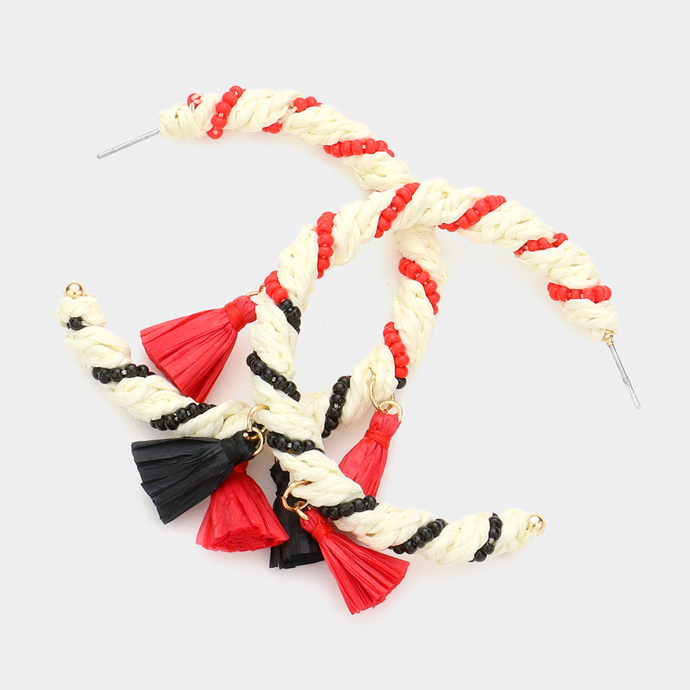 Madeline Love Multi Raffia Seed Bead Wrapped Tassel Hoop Earrings
