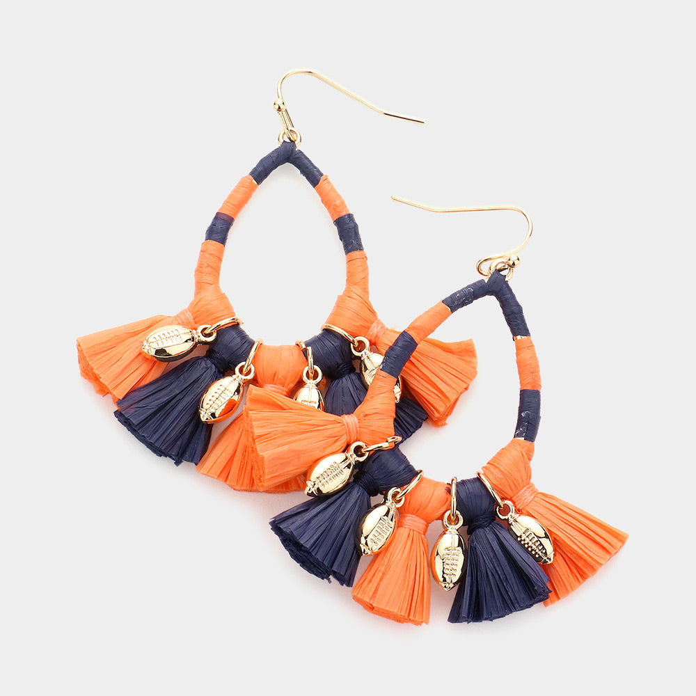 Madeline Love Navy, Orange Game Day Raffia Wrapped Teardrop Tassel Dangle Earrings