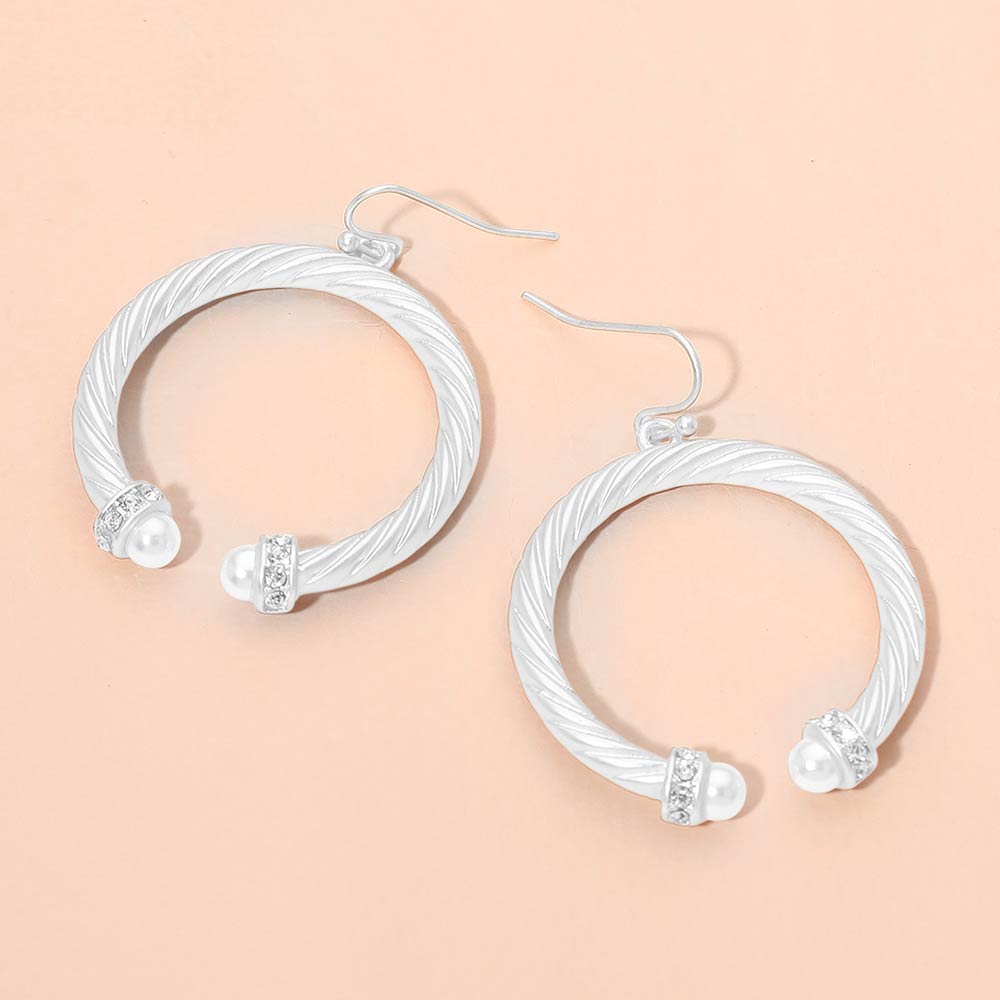 Madeline Love Matte Silver Pearl Tip Twisted Hoop Drop Dangle Earrings