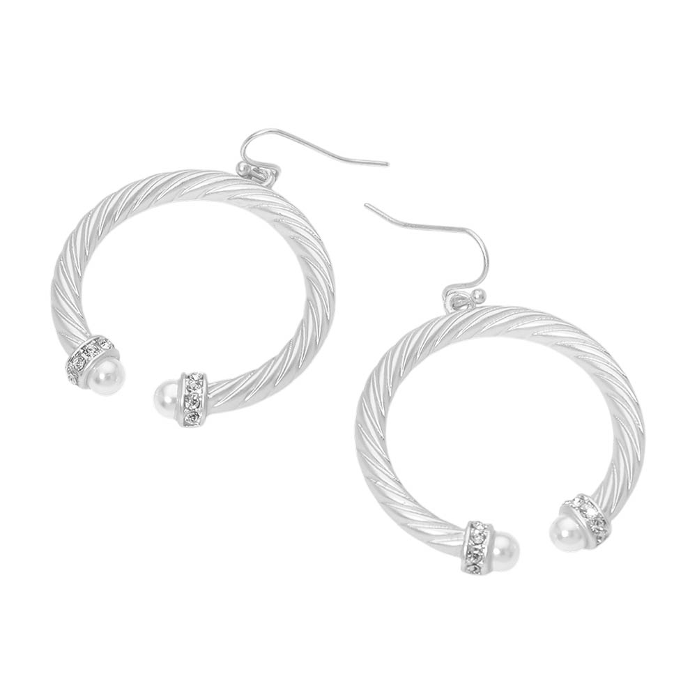 Madeline Love Matte Silver Pearl Tip Twisted Hoop Drop Dangle Earrings - desc