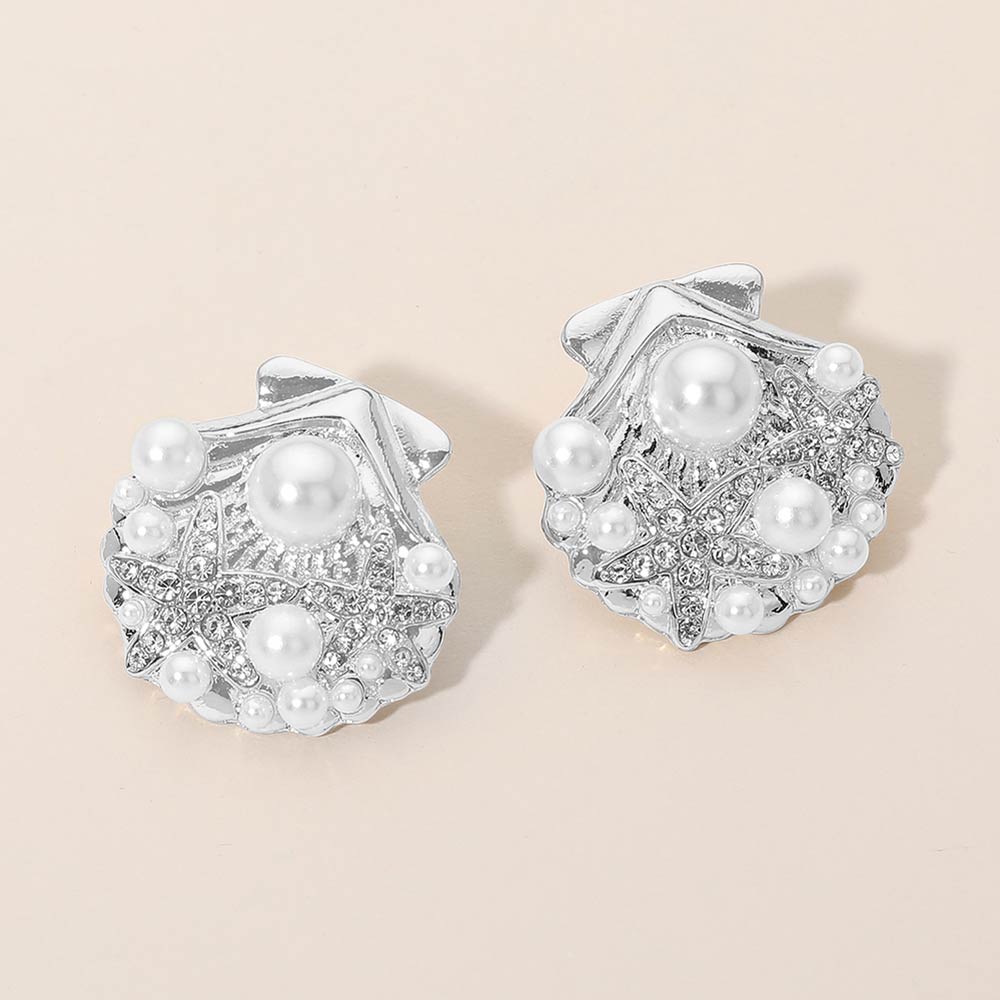 Madeline Love Rhodium, White Pearl Rhinestone Embellished Starfish Seashell Earrings