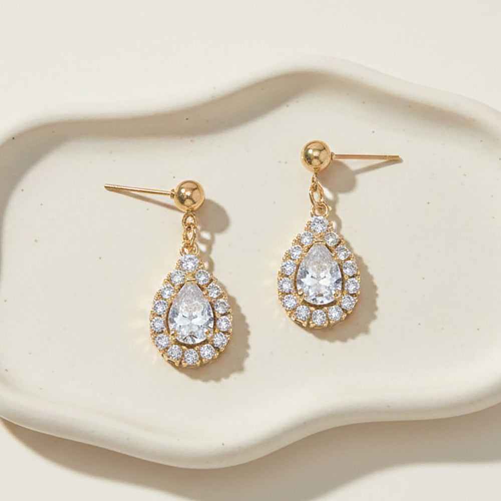 Madeline Love Gold Stainless Steel Teardrop CZ Halo Charm Drop Dangle Earrings