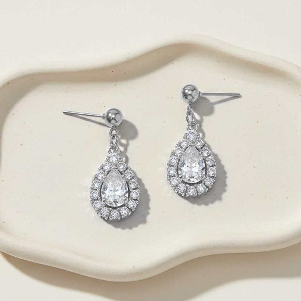 Madeline Love Silver Stainless Steel Teardrop CZ Halo Charm Drop Dangle Earrings